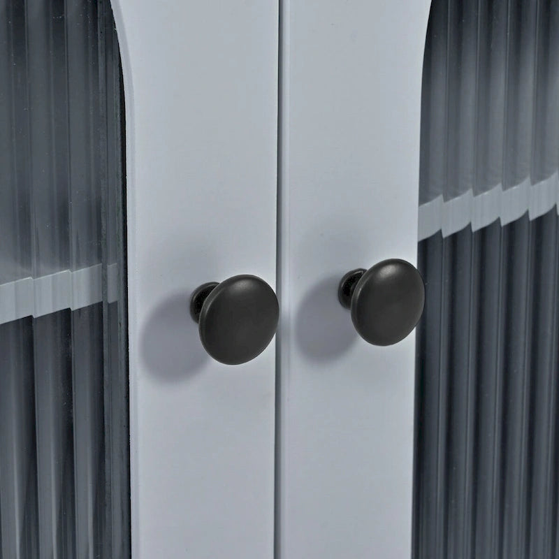 Rubberwood Kitchen Cart with Drop Leaf, Extended Table, 2 Fluted Glass Doors, LED Light and Power Outlet