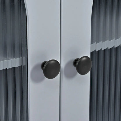 Rubberwood Kitchen Cart with Drop Leaf, Extended Table, 2 Fluted Glass Doors, LED Light and Power Outlet