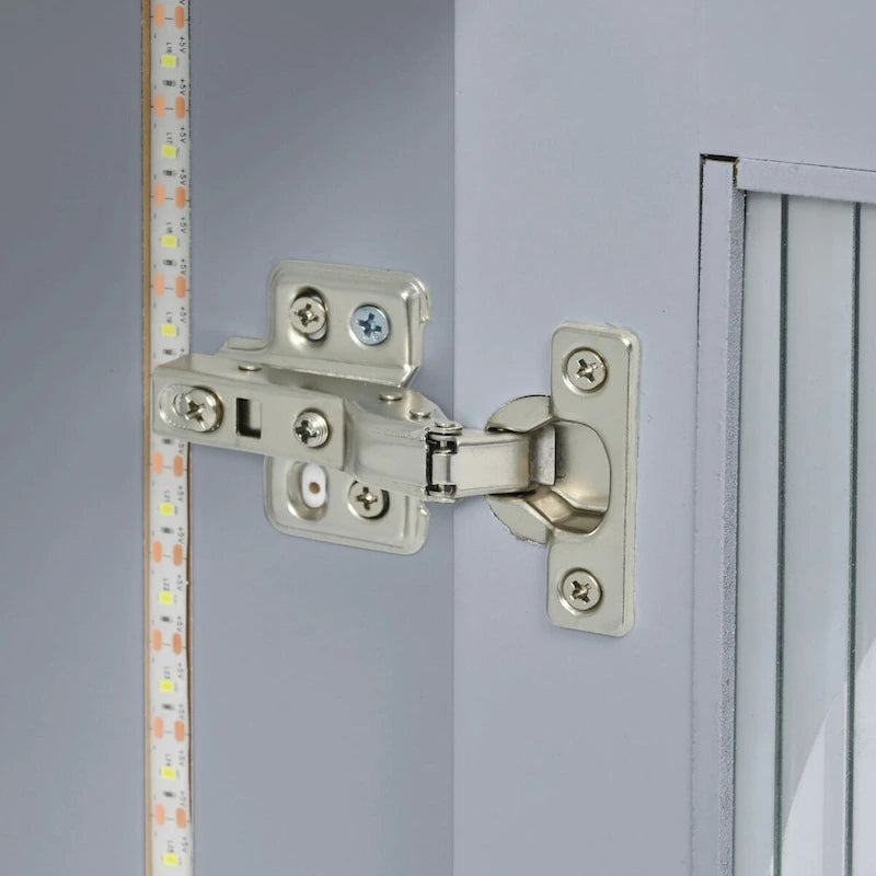 Rubberwood Kitchen Cart with Drop Leaf, Extended Table, 2 Fluted Glass Doors, LED Light and Power Outlet