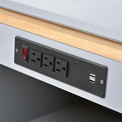 Rubberwood Kitchen Cart with Drop Leaf, Extended Table, 2 Fluted Glass Doors, LED Light and Power Outlet