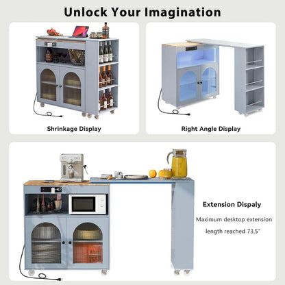 Rubberwood Kitchen Cart with Drop Leaf, Extended Table, 2 Fluted Glass Doors, LED Light and Power Outlet