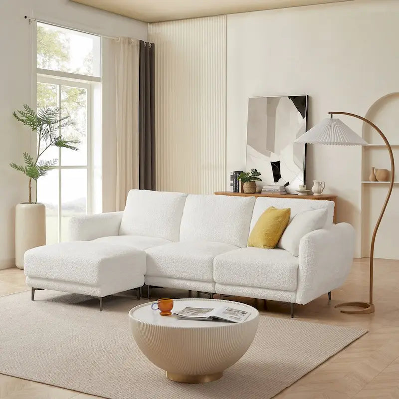 Convertible Sectional Sofa Couch, 3 Seat L-Shaped Sofa with Lamb Fabric, Movable Ottoman