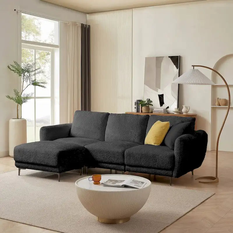 Convertible Sectional Sofa Couch, 3 Seat L-Shaped Sofa with Lamb Fabric, Movable Ottoman