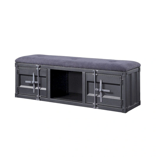 Industrial Style Metal and Fabric Bench with Open Storage, Gray