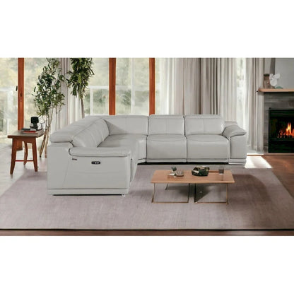 HomeRoots Light Gray Italian Leather Power Reclining U Shaped Five Piece Corner Sectional With Console - 110
