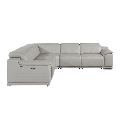 HomeRoots Light Gray Italian Leather Power Reclining U Shaped Five Piece Corner Sectional With Console - 110