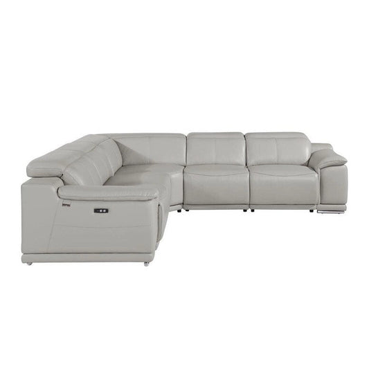 HomeRoots Light Gray Italian Leather Power Reclining U Shaped Five Piece Corner Sectional With Console - 110