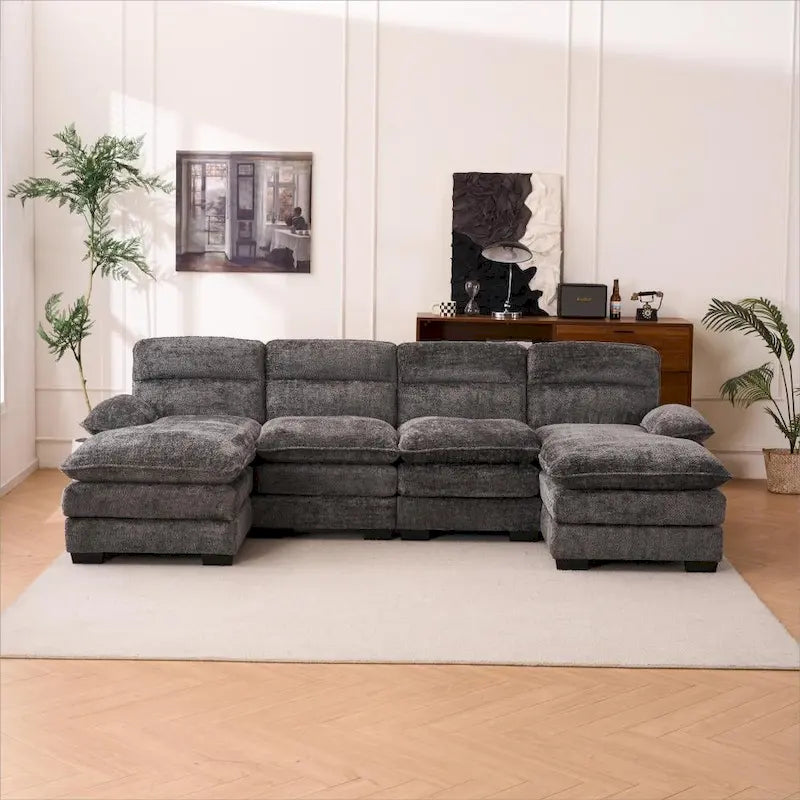 U-shaped profile sofa, including two single seats and two chaise, modular sofa, Chenille sofa