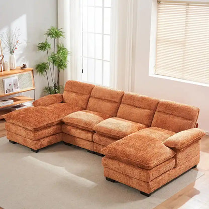 U-shaped profile sofa, including two single seats and two chaise, modular sofa, Chenille sofa