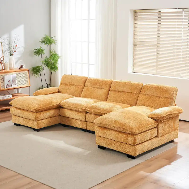 U-shaped profile sofa, including two single seats and two chaise, modular sofa, Chenille sofa