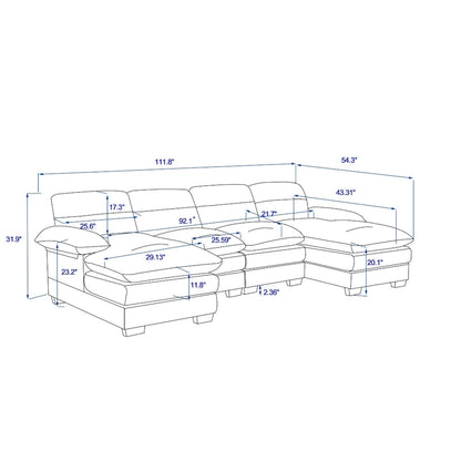 U-shaped profile sofa, including two single seats and two chaise, modular sofa, Chenille sofa