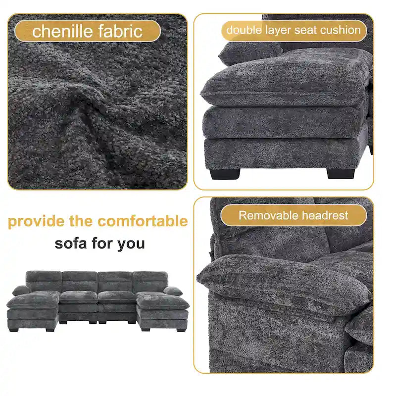 U-shaped profile sofa, including two single seats and two chaise, modular sofa, Chenille sofa