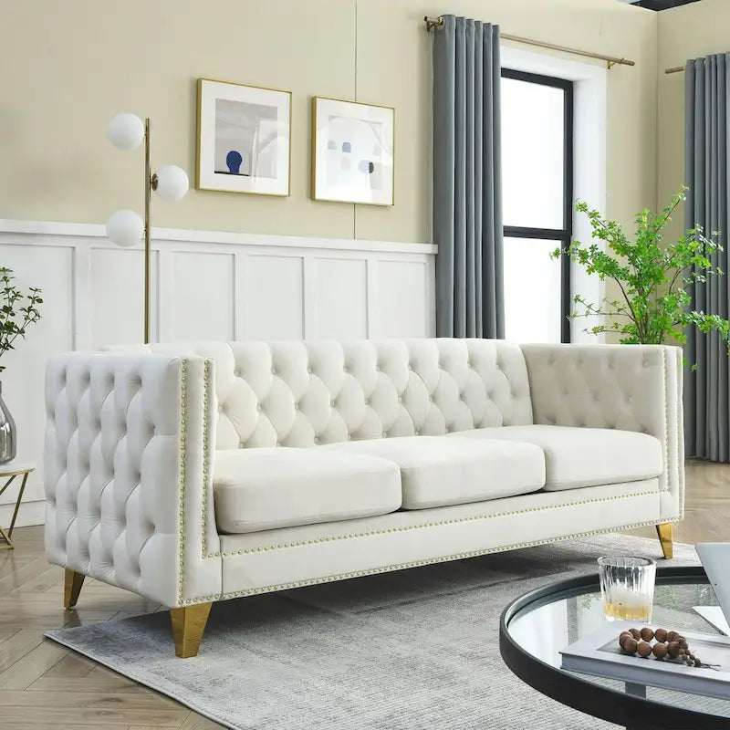 Velvet Upholstered 3 Seat Sofa, Classic Chesterfield Couch Buttons Tufted Square Arm Sofa with Nailheads and Metal Legs