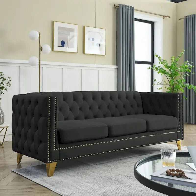 Velvet Upholstered 3 Seat Sofa, Classic Chesterfield Couch Buttons Tufted Square Arm Sofa with Nailheads and Metal Legs
