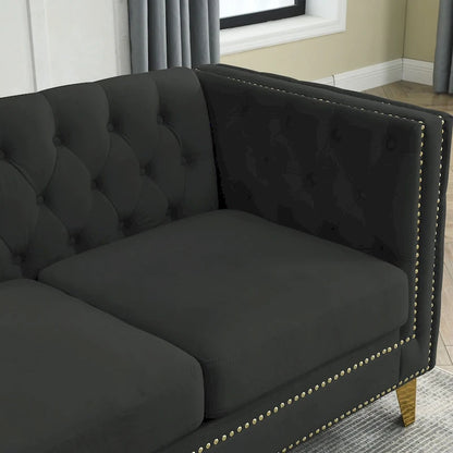 Velvet Upholstered 3 Seat Sofa, Classic Chesterfield Couch Buttons Tufted Square Arm Sofa with Nailheads and Metal Legs