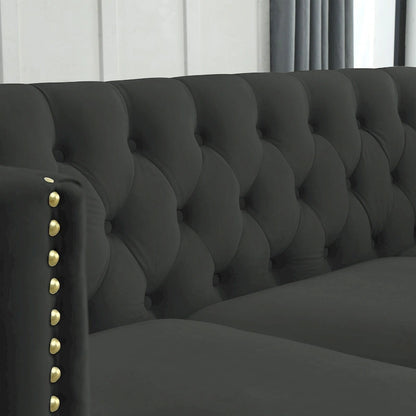 Velvet Upholstered 3 Seat Sofa, Classic Chesterfield Couch Buttons Tufted Square Arm Sofa with Nailheads and Metal Legs