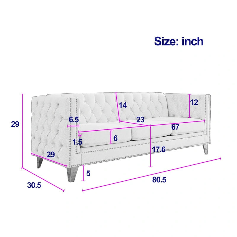 Velvet Upholstered 3 Seat Sofa, Classic Chesterfield Couch Buttons Tufted Square Arm Sofa with Nailheads and Metal Legs