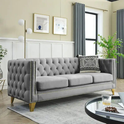 Velvet Upholstered 3 Seat Sofa, Classic Chesterfield Couch Buttons Tufted Square Arm Sofa with Nailheads and Metal Legs