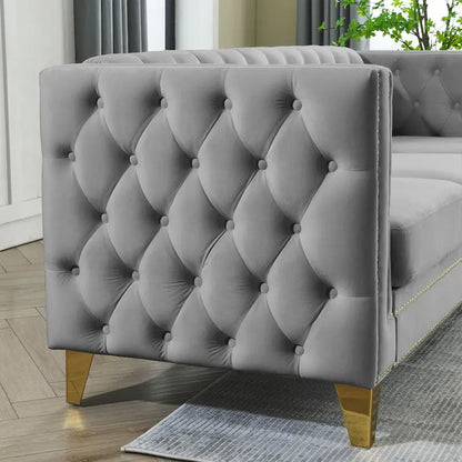 Velvet Upholstered 3 Seat Sofa, Classic Chesterfield Couch Buttons Tufted Square Arm Sofa with Nailheads and Metal Legs