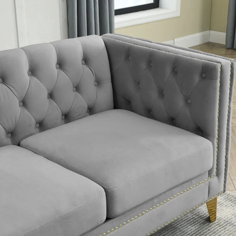 Velvet Upholstered 3 Seat Sofa, Classic Chesterfield Couch Buttons Tufted Square Arm Sofa with Nailheads and Metal Legs