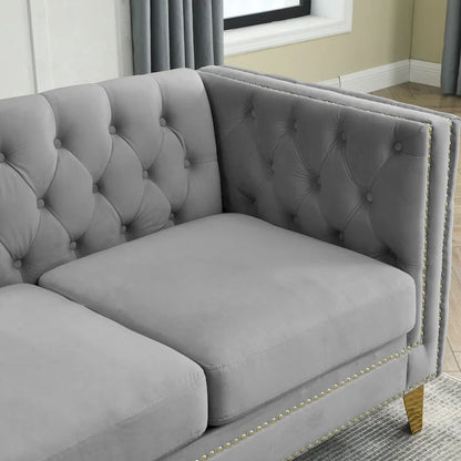 Velvet Upholstered 3 Seat Sofa, Classic Chesterfield Couch Buttons Tufted Square Arm Sofa with Nailheads and Metal Legs