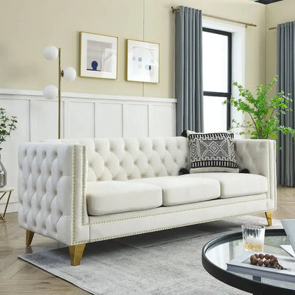 Velvet Upholstered 3 Seat Sofa, Classic Chesterfield Couch Buttons Tufted Square Arm Sofa with Nailheads and Metal Legs