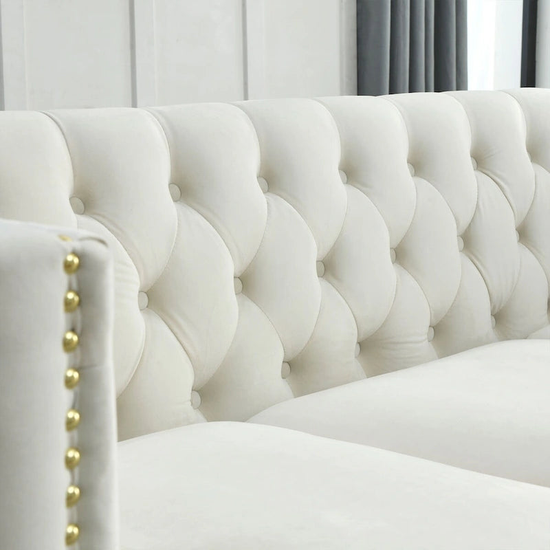 Velvet Upholstered 3 Seat Sofa, Classic Chesterfield Couch Buttons Tufted Square Arm Sofa with Nailheads and Metal Legs