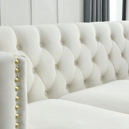 Velvet Upholstered 3 Seat Sofa, Classic Chesterfield Couch Buttons Tufted Square Arm Sofa with Nailheads and Metal Legs
