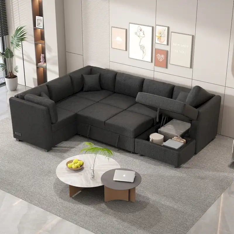 MERAX Sectional Sofa Pull out Sofa Bed with Storage Chaise