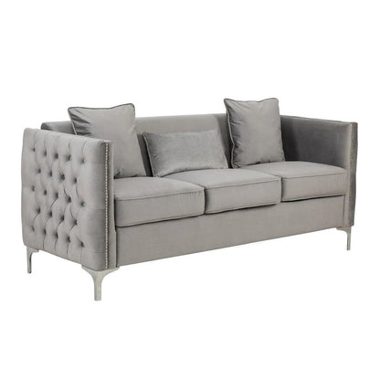 Joel 73 Inch Modern Sofa with 3 Pillows, Tufted Gray Velvet, Silver Legs