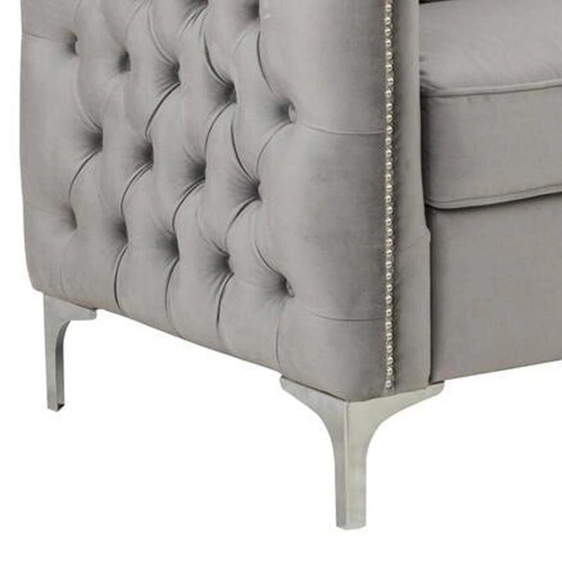 Joel 73 Inch Modern Sofa with 3 Pillows, Tufted Gray Velvet, Silver Legs