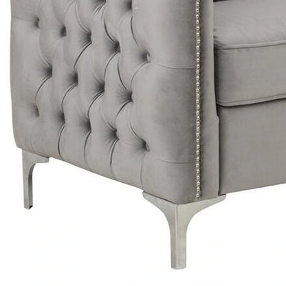 Joel 73 Inch Modern Sofa with 3 Pillows, Tufted Gray Velvet, Silver Legs
