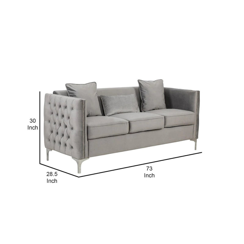 Joel 73 Inch Modern Sofa with 3 Pillows, Tufted Gray Velvet, Silver Legs