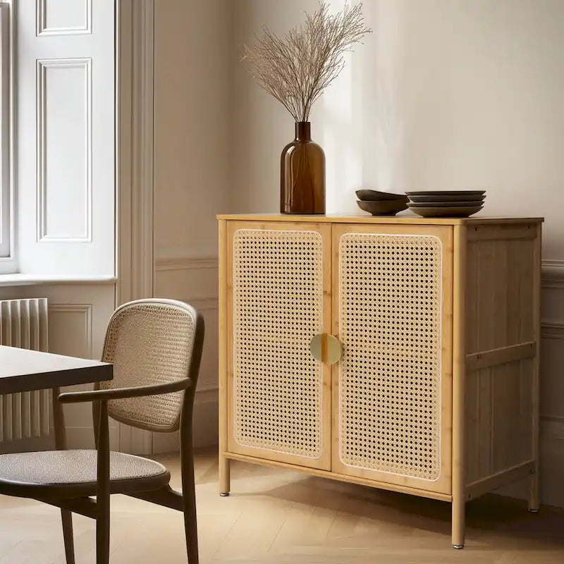 Sideboard Buffet Kitchen Storage Cabinet with Rattan Decorative Doors