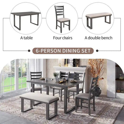 6-Pieces Dining Room Set with Table & 4 Chairs with Bench
