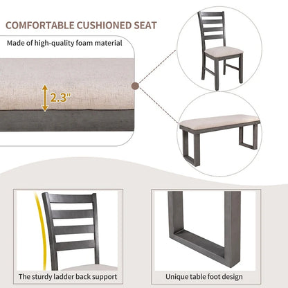 6-Pieces Dining Room Set with Table & 4 Chairs with Bench