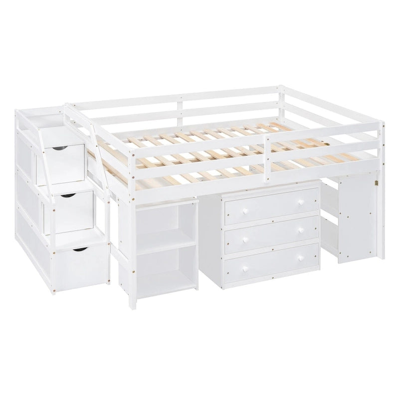 Nestfair Full Size Loft Bed with Retractable Writing Desk and 3 Drawers