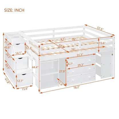 Nestfair Full Size Loft Bed with Retractable Writing Desk and 3 Drawers