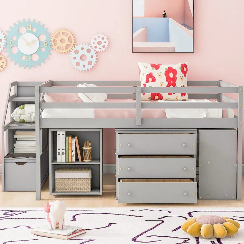Nestfair Full Size Loft Bed with Retractable Writing Desk and 3 Drawers