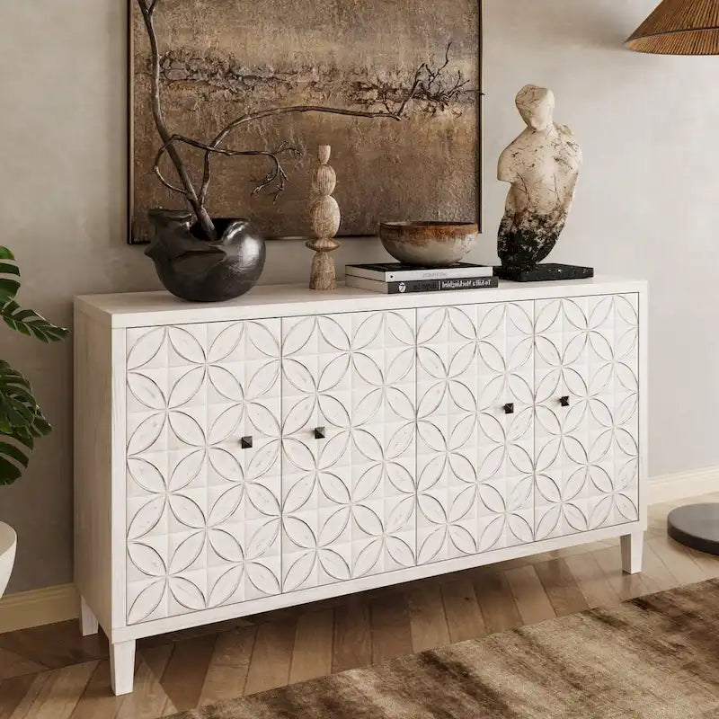 60-in Modern Wash White 4 Door Wooden Sideboard Buffet Server Accent Storage Cabinet