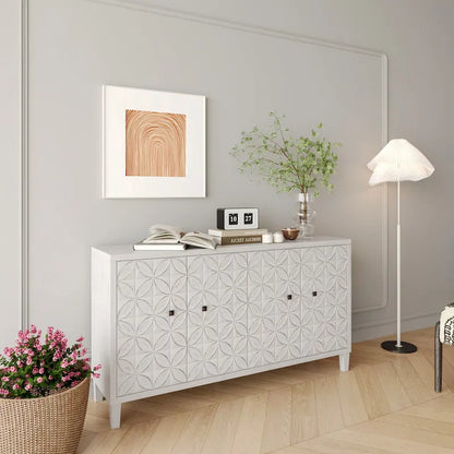 60-in Modern Wash White 4 Door Wooden Sideboard Buffet Server Accent Storage Cabinet