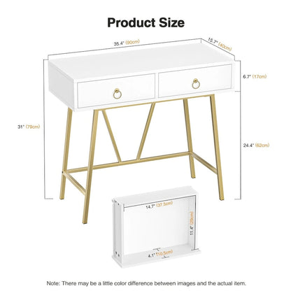 Anmytek Modern Home Office Desk 35.4 Makeup Vanity Table White 2 Drawers Writing Computer Desk with Golden Legs