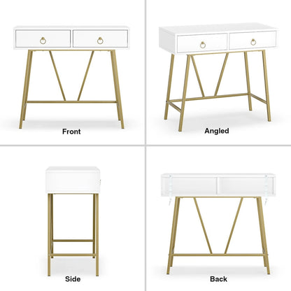 Anmytek Modern Home Office Desk 35.4 Makeup Vanity Table White 2 Drawers Writing Computer Desk with Golden Legs