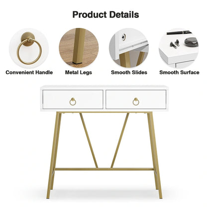 Anmytek Modern Home Office Desk 35.4 Makeup Vanity Table White 2 Drawers Writing Computer Desk with Golden Legs
