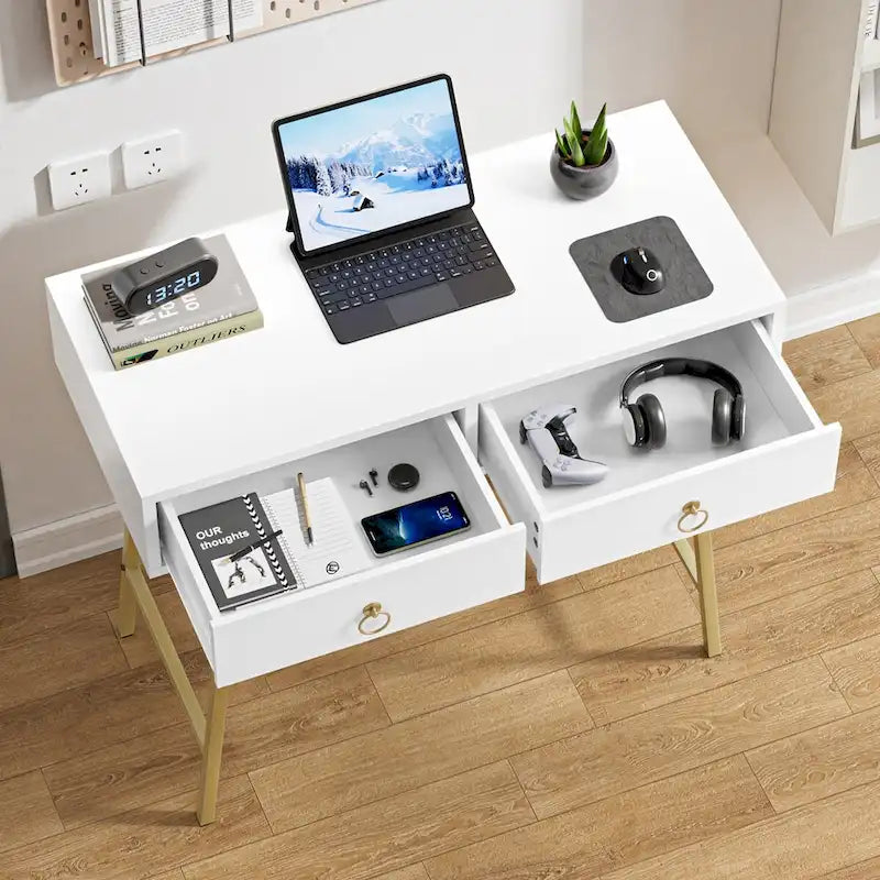 Anmytek Modern Home Office Desk 35.4 Makeup Vanity Table White 2 Drawers Writing Computer Desk with Golden Legs