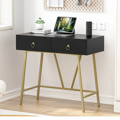 Anmytek Modern Home Office Desk 35.4 Makeup Vanity Table White 2 Drawers Writing Computer Desk with Golden Legs