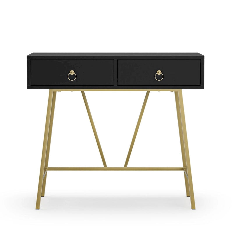 Anmytek Modern Home Office Desk 35.4 Makeup Vanity Table White 2 Drawers Writing Computer Desk with Golden Legs