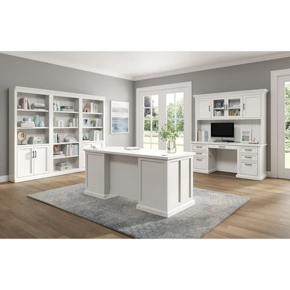 Modern Wood Hutch With Doors and Desk, Storage Hutch and Credenza, Office Storage, Fully Assembled, White
