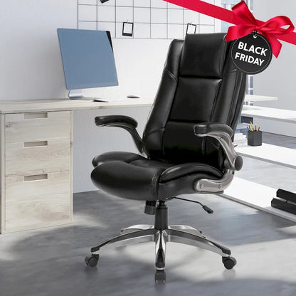 Leather Executive Office Chair- High Back Home Computer Desk Chair with Padded Flip-up Arms, Adjustable Tilt Lock