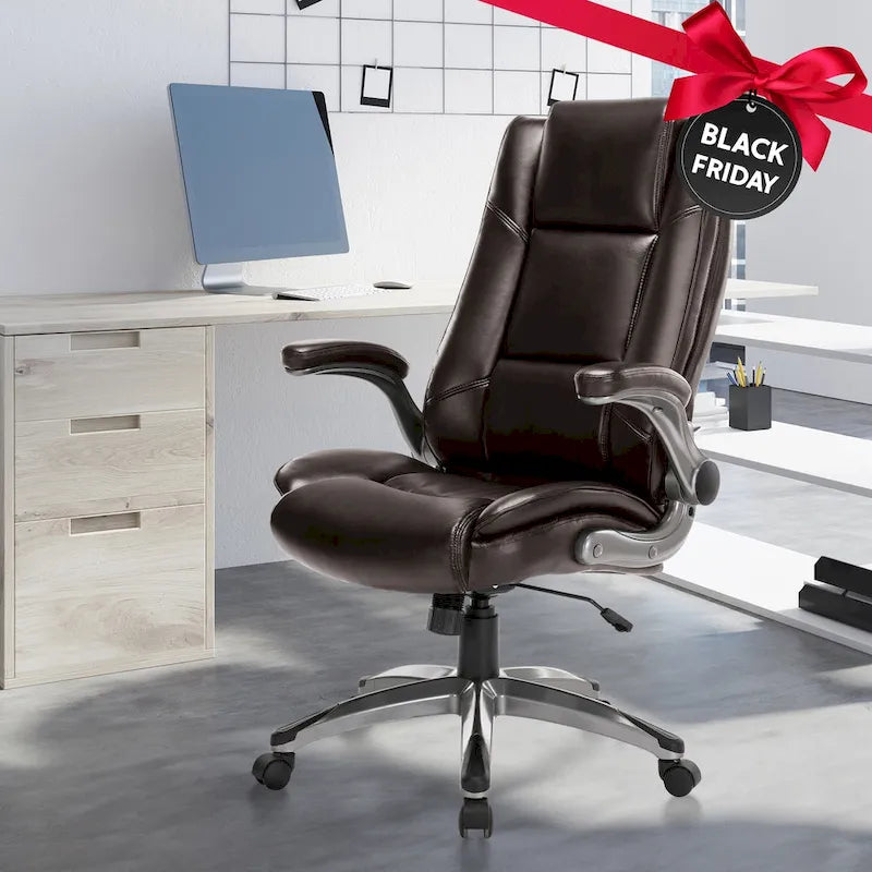 Leather Executive Office Chair- High Back Home Computer Desk Chair with Padded Flip-up Arms, Adjustable Tilt Lock